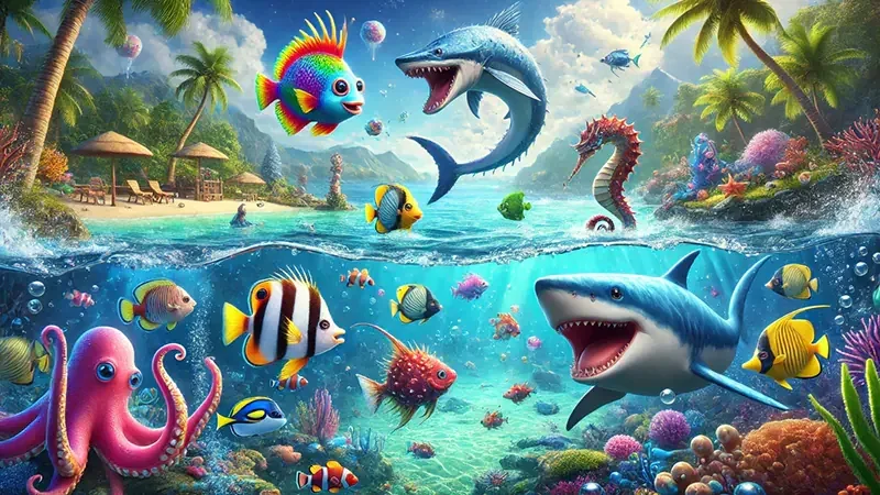 Layar permainan tembak ikan dengan suasana bawah laut